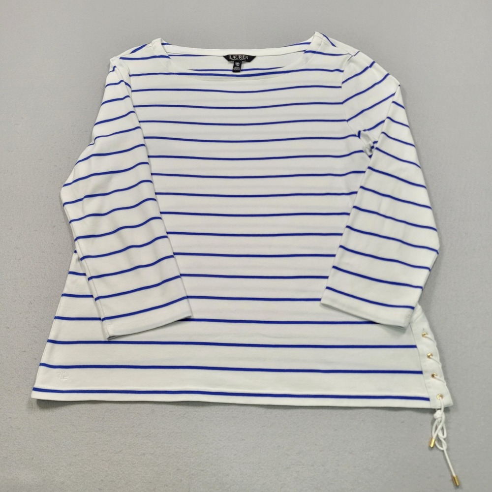Lauren Ralph Lauren Striped Lace Up Side Boat Neck Top XXL White‎ Blue